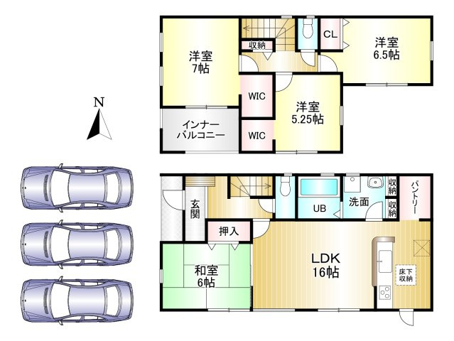 桜井市大豆越７期全5棟の間取り|4LDK　土地面積：254.63ｍ2　建物面積：106.81ｍ2　駐車3台可