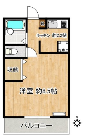 【間取り】 | 押本ハイツ | 広々した約8.5帖洋室の１Kの間取りになります。