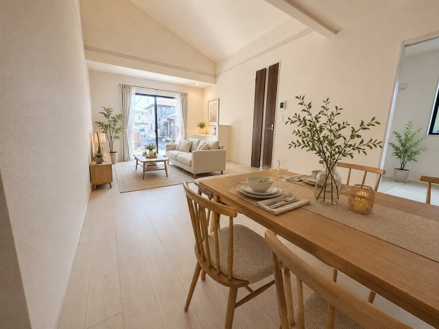 三郷市東町　新築平屋戸建　全1棟の居間・リビング|現況の物件写真にCGによる画像処理を行っています。家具、家電、小物、カーテン等はイメージはCGです。