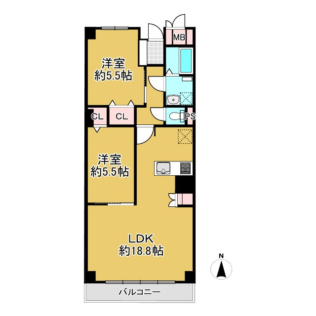 長岡京スカイハイツの間取り|南向きにつき、採光通風良好◎LDKは、広々約18.8帖。隣接する洋室約5.5帖と一体利用も可能です◎JR東海道本線「長岡京」駅まで徒歩約14分の好立地です◎