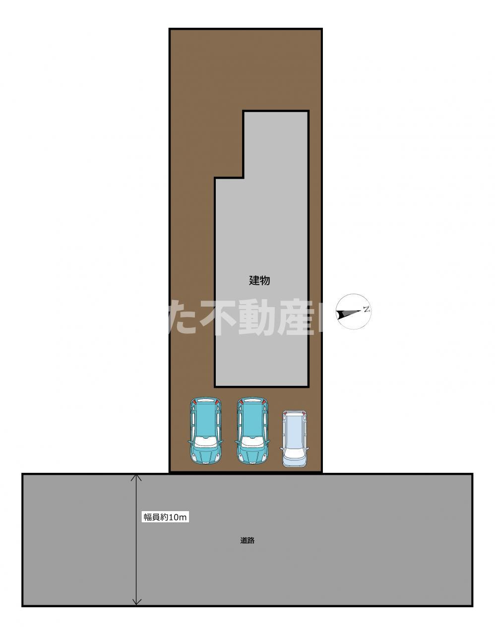 倉吉市大正町2丁目中古戸建の区画図|前面道路幅員10ｍで見晴らしがよいため駐車が苦手な方でも安心して運転することができますね。
