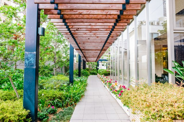 【エントランス】 | 【エントランスアプローチ】緑に囲まれたアプローチです。屋上庭園もあり自然の潤いに満たされた物件です。