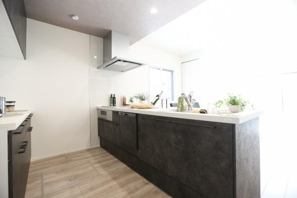 タマタウン青葉台　2号地のキッチン|広々とした空間が印象的なキッチンです。明るい光が差し込み清潔感があります。シンプルなデザインと落ち着いた色合いが魅力です。作業スペースもゆとりがあり料理の準備がしやすそうです。