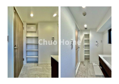 【脱衣所】 | グリーンパーク新小岩 | 【洗面所】明るい洗面所は朝をすっきりさせてくれる空間です。バタバタしている忙しい朝でも収納が多い洗面台では短い時間で効率良く支度ができます。