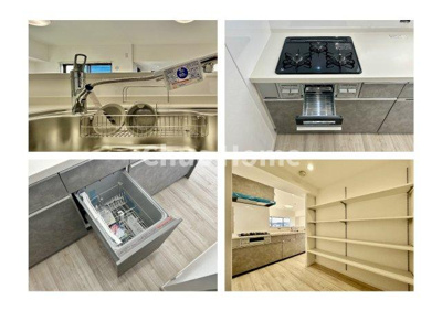 【キッチン】 | グリーンパーク新小岩 | 【システムキッチン】ワイドで収納豊富な使い勝手の良いカウンターキッチンには、食洗器や伸縮タイプのキッチン水栓、三ツ口コンロ・魚焼きグリルなどの便利な設備が標準完備されています。