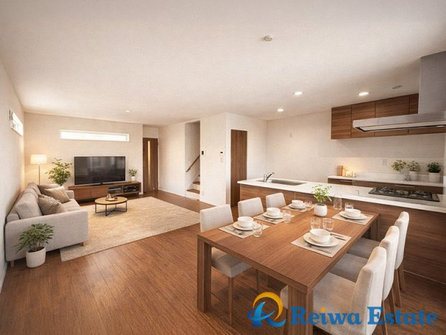新築戸建　茅ヶ崎市松が丘2丁目の居間・リビング|生活がイメージできるように、AIを使用して家具・家電・小物等を配置しております。