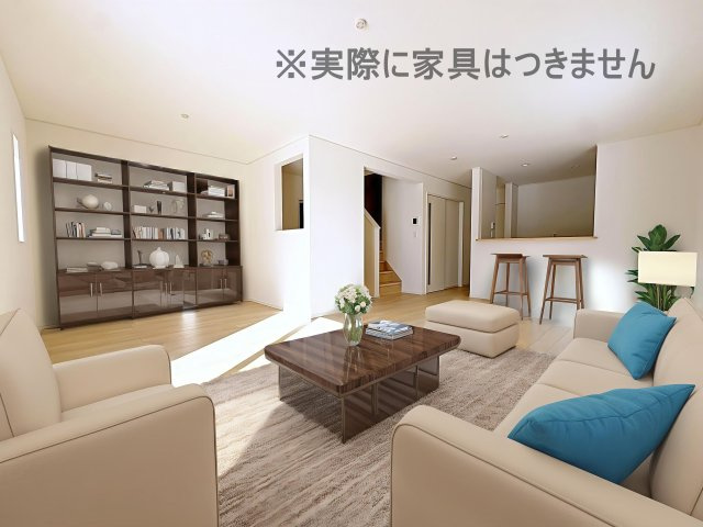 新築戸建・新築建売　福島市飯坂町湯野第7　湯野小・西根中の居間・リビング|画像はAI加工による演出で、実際の家具は付きません。