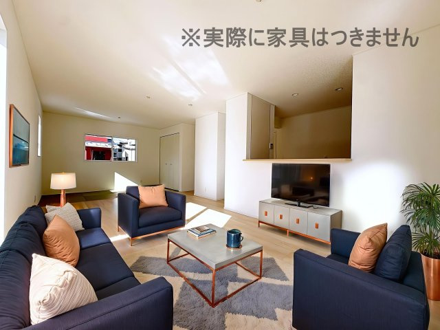 新築戸建・新築建売　福島市飯坂町湯野第7　湯野小・西根中の居間・リビング|画像はAI加工による演出で、実際の家具は付きません。