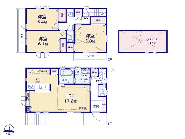 練馬区大泉町2丁目　制震×省エネ　ロフト付き戸建　全4棟　の間取り|C号棟　3LDK+小屋裏収納　土地面積93.01m2　建物面積88.20m2