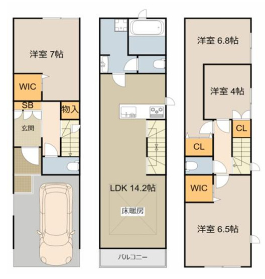 【間取り】 | 東大阪市岩田町4丁目 | 全洋室4LDK♪2階に水廻り設備集約、家事の効率UP！充実の設備！電子錠・ガス床暖房・省エネ給湯器「エコジョーズ」・食洗器・浴室乾燥機完備等☆トイレ各階（計3ヵ所）に完備です！