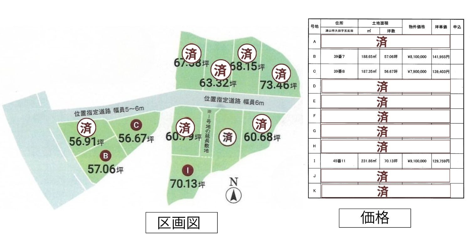 津山市大田売土地57.06坪の土地図|掲載はB号地。C,I号地も分譲中です。