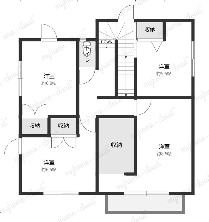 総社市上林　中古戸建の間取り|２階間取り図。
ウォークインクローゼットや各部屋に収納があり、荷物がスッキリ片付きます。