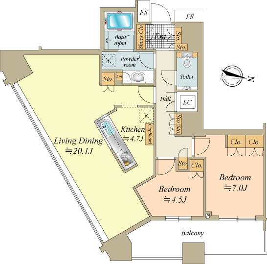 南東角住戸。リビングは採光面が全面FIX窓で眺望良好です。