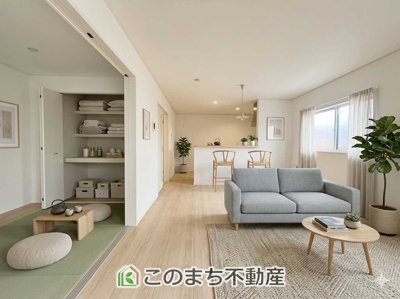 【居間・リビング】 | CRADLEGARDEN日光市豊田第3　1号棟 | 開放感のある広々としたリビング☆家族みんなでゆったりくつろげます♪
家具・什器・調度品・植栽・カーテンなどはCG加工しております。販売価格には含まれません。