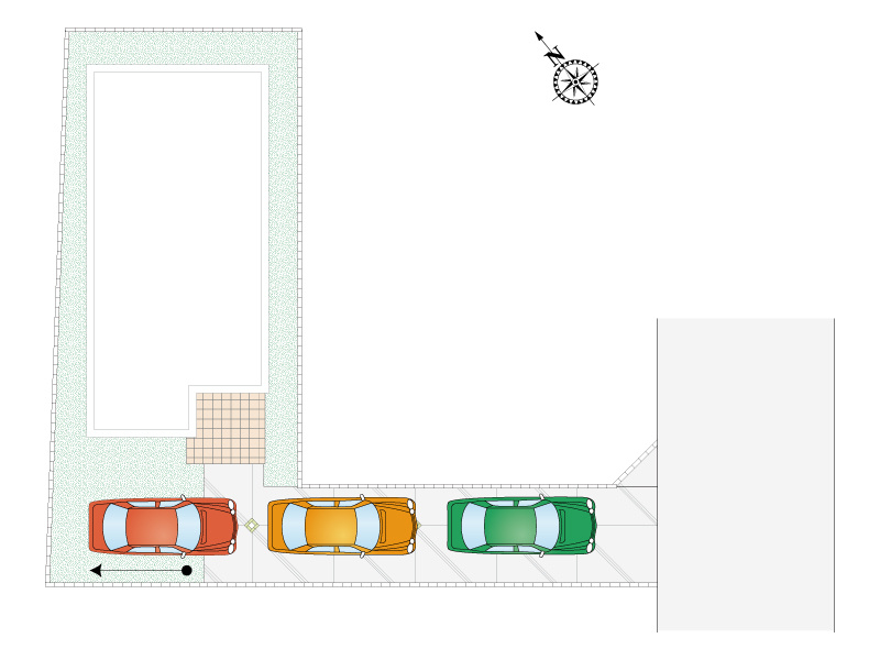 3号棟　区画図　車3台駐車可能です。（車種による）
外水栓があるので、ホースをつないで洗車やガーデニングなどにもご活用いただけます。