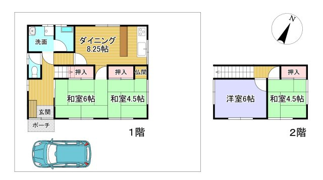 高松市香西西町　中古戸建の間取り|１階：和6・和4.5・DK8.25・２階：和4.5・洋6
