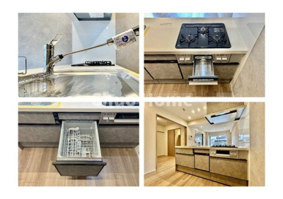 【キッチン】 | 洋伸東大島マンション | 【システムキッチン】ワイドで収納豊富な使い勝手の良いカウンターキッチンには、食洗器や伸縮タイプのキッチン水栓、三ツ口コンロ・魚焼きグリルなどの便利な設備が標準完備されています。