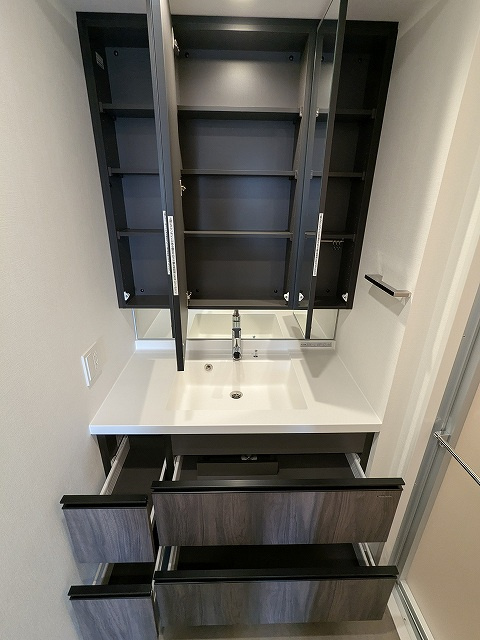 BRANSIESTA上野の設備|トイレと独立した洗面室、3面鏡付ハンドシャワー付洗面台、洗面台下にヘルスメーターストックスペースあります