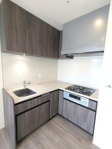 BRANSIESTA上野のキッチン|グリル付ガス3口システムキッチン、シンクにプレート付で料理しやすいです、豊富なシステム収納