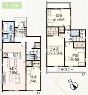【間取り】 | 小学校5分 スーパー6分　南大野2　全2棟 1号棟