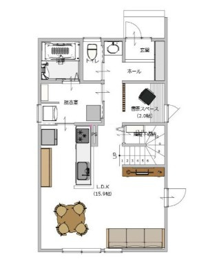 南国市篠原　新築一戸建ての間取り|対面キッチン×リビング階段で、家族を身近に感じる間取り