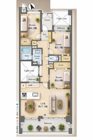 【間取り】 | ファーネストヒルズ高宮インテルノ☆仲介手数料無料☆ | ※本図に表示されている家具・家電・照明・インテリア・観葉植物等は、AIによる配置イメージです。実際には設置されておらず、売買対象にも含まれません。図面と現況が相違する場合は、現況を優先いたします。