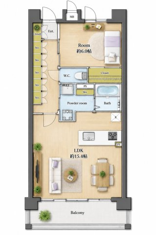 【間取り】 | アルファライフ博多プレシャス☆仲介手数料無料☆ | ※本図に表示されている家具・家電・照明・インテリア・観葉植物等は、AIによる配置イメージです。実際には設置されておらず、売買対象にも含まれません。図面と現況が相違する場合は、現況を優先いたします。