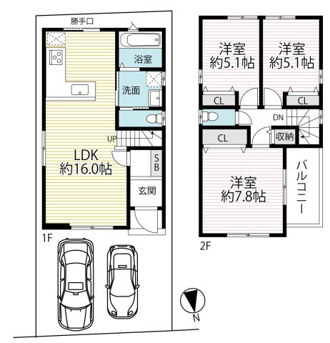 ＪＲ奈良線「新田」駅徒歩１１分◆閑静な住宅街に建つ３ＬＤＫ◆並列駐車２台可能◆宇治市広野町宮谷の間取り