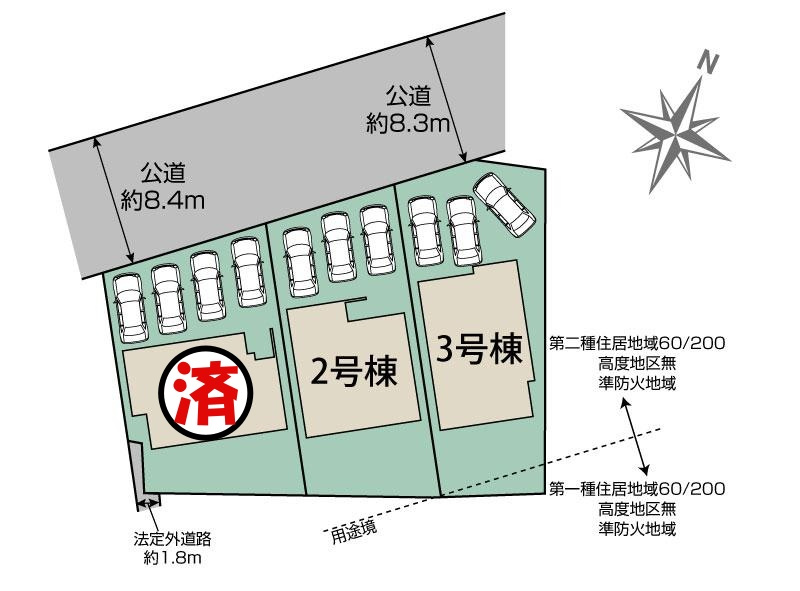 【同施工物件ご案内可】知多市八幡字荒古後　全3棟の区画図|全体区画数｜全3棟
◆駐車3台可能！(但し、車種による)
◎まずは、お気軽にお問い合わせください。現地を案内しながら周辺環境も見て頂けます。