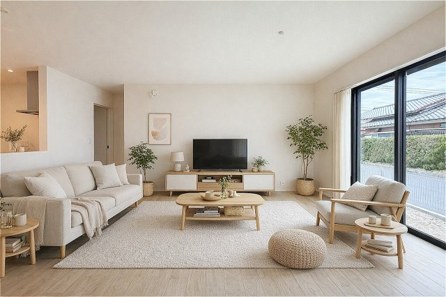 八女市吉田 リナージュの居間・リビング|CG合成で家具を配置したイメージです。現況とは異なります。