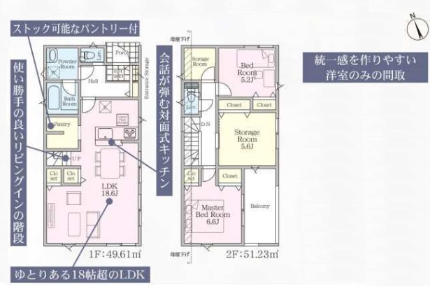 八王子市　上壱分方町　新築一戸建て　３４期の間取り|～南東向き2SLDK　開放感のあるワンフロアリビングの間取り～