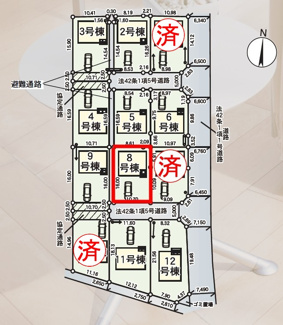 【区画図】 | 油井小学校・安達中学校区　GRADLE GAEDEN 二本松市油井　第５　全１２棟　８号棟 | 【区画図】８号棟　駐車スペース３～４台と広々しています。
