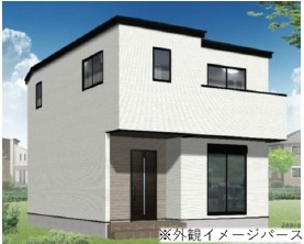 越谷市南荻島新築戸建ての外観パース|広々リビング17.3帖のスタイリッシュな新築戸建てです♪