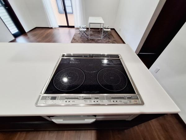 AG-HOUSE　梅が丘　A棟のキッチン|キッチンにIHクッキングヒーターが設置されておりお手入れしやすい設計です。カウンターと一体感があり見た目もすっきりしています。幅広い作業スペースが確保されていますので使い勝手が良好です。