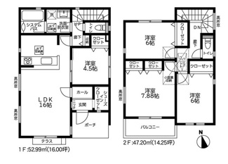 【間取り】 | 厚木市金田  1号棟 4期 | 4LDK+屋根裏収納　網戸標準仕様　シャッター4箇所付　玄関カードキー（FamiLock）　浴室乾燥機+窓・浴室TV　食洗器・浄水器　屋根洋瓦葺き　全居室収納　SIC　LDK16帖+洋室4.5帖