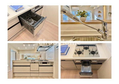 【キッチン】 | ニックハイム渋江公園 | 【システムキッチン】ワイドで収納豊富な使い勝手の良いカウンターキッチンには、食洗器や伸縮タイプのキッチン水栓、三ツ口コンロ・魚焼きグリルなどの便利な設備が標準完備されています。