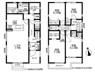 【間取り】 | 厚木市金田  5号棟 4期 | 網戸標準仕様　シャッター5箇所付　Ｗロックカードキー（FamiLock 電池式）　二部屋から行き来できるバルコニー　食洗器・浄水器　浴室乾燥機+窓・浴室TV　屋根洋瓦葺き　全居室収納　LDK17帖