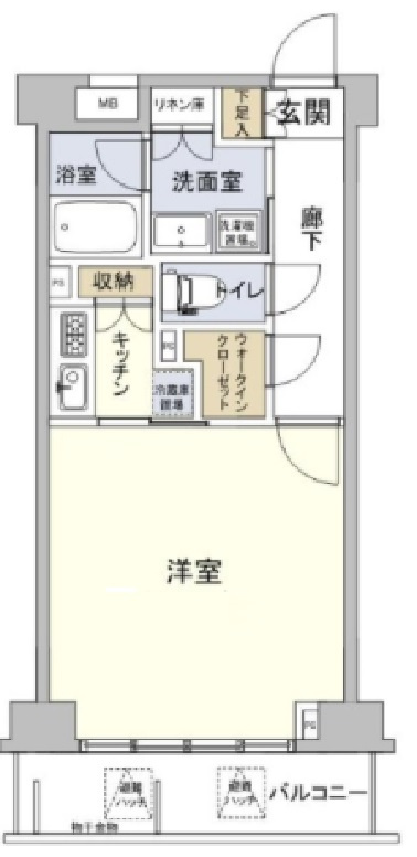 クリオ蒲田Ⅱの間取り|東向きバルコニーの広々1K洋室10.3帖