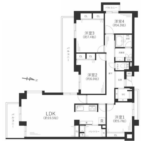 甲南コーポラスの間取り|◇『100㎡超・4LDK』のゆったりとした間取り　バルコニー面積不詳