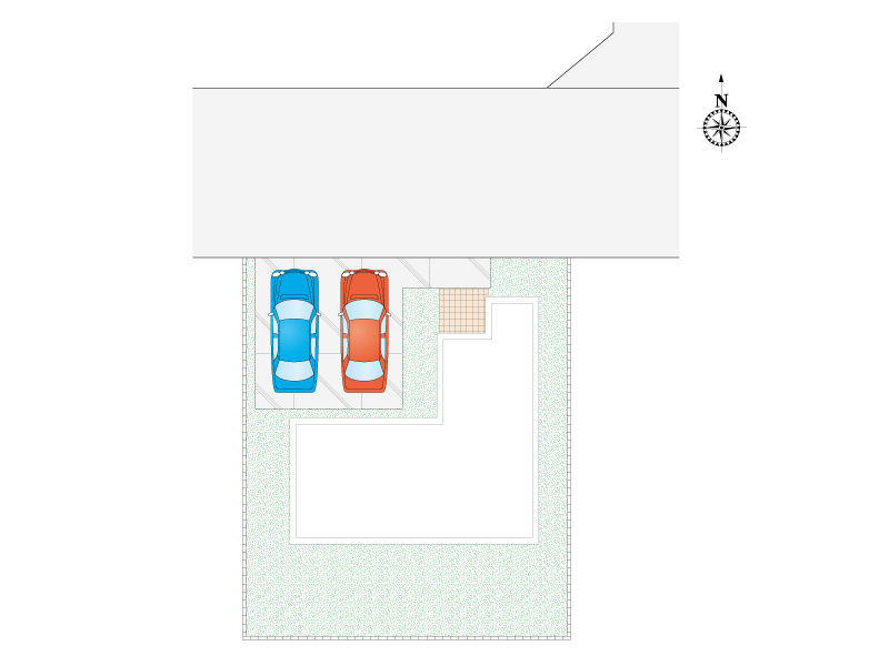 【区画図・駐車場配置図】並列2台駐車可能です！南側にはお庭スペースもございます♪
