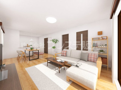 【居間・リビング】 | 奈良市西大寺新池町の新築一戸建 全３区画 | ３号地リビング完成イメージ／ＬＤＫは広々１８帖！南向きですので、陽あたり良好です♪※モデルハウスあり