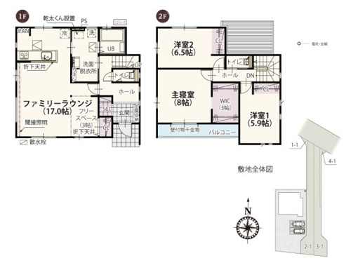 【間取り】 | キッチンと洗面所を隣接させることで移動しやすく、時短に繋がる家事動線！広い洗面所は洗濯作業やお子様の入浴時など壁にぶつかりにくくスムーズに動けます♪