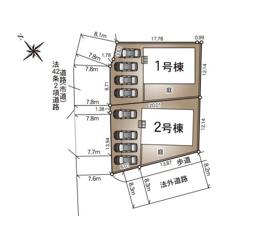 熊本市北区植木町岩野第1-2棟(2号棟)の区画図|配置図（2号棟）