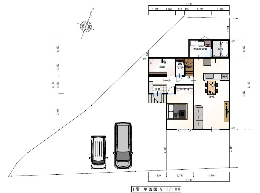 神田　建築条件付　売土地　の区画図|建物プラン例　建物価格　2250.22万円、建物面積　90.26㎡　（約27.29坪）