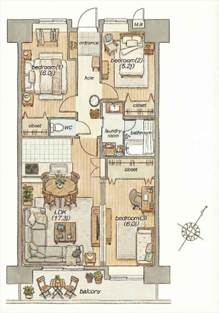 クローバーマンション空港東2の間取り|※画像内の家具・調度品はCG合成であり、実際に設置されているものではありません。また、照明による演出はイメージです。