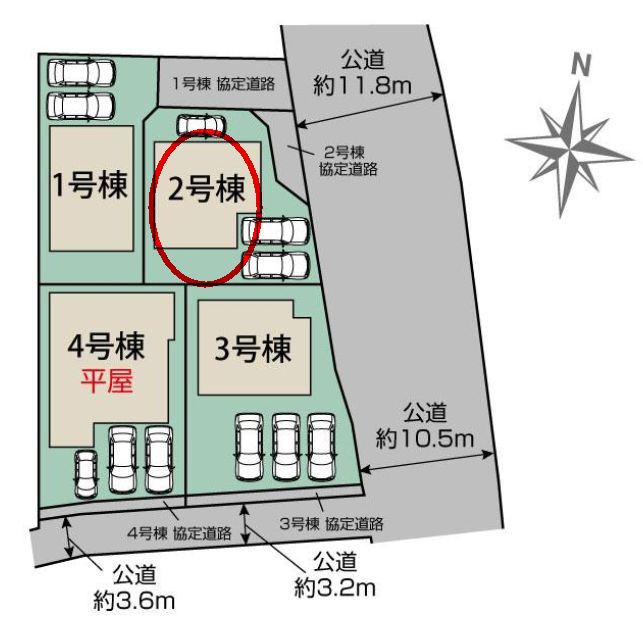 ブルーミングガーデン前橋市北代田町　2号棟の区画図|駐車場３台ご用意しています！来客時も重宝します♪
前面道路も広く車の出し入れもしやすいです！