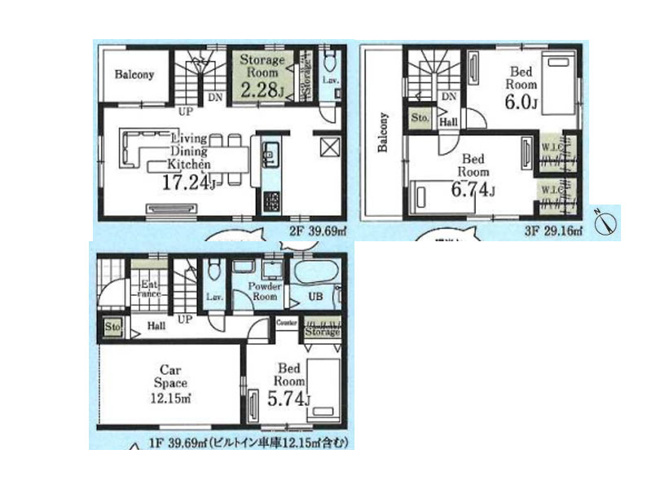 【間取り】 | 朝霞市栄町2丁目　新築一戸建住宅　全1棟（朝霞店） | 陽当良好な広々17.24帖の２階リビング
風雨からお車を守るビルトインガレージ付き3LDK+Sです。