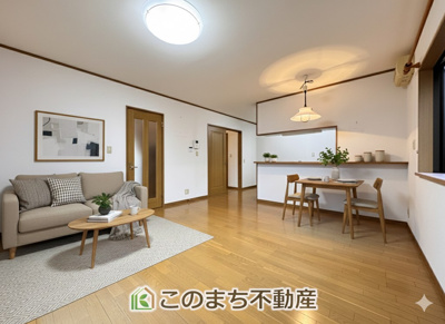 【居間・リビング】 | 日光市猪倉中古戸建 | 家具・什器・調度品・植栽・カーテンなどはCG加工しております。販売価格には含まれません。