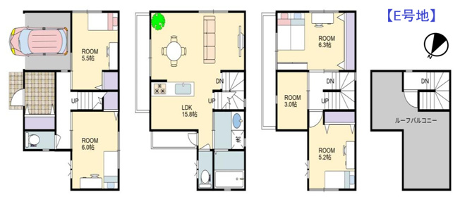 【間取り】 | 東大阪市岩田町1丁目　【E号地】 | 【4SLDK＋車庫】玄関スマートキーで楽々解施錠☆宅配ボックス・浴室乾燥機完備☆2階に水廻り設備集約♪バルコニー4か所☆ルーフバルコニー付きです☆