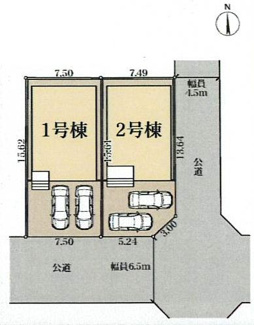 【区画図】 | 伊勢原市高森台3丁目  2号棟 第3 | 2号棟　南東角地　東側約4.5ｍ・南側約6.5ｍ各公道　駐車並列2台（車種によります）　敷地面積34.7坪
